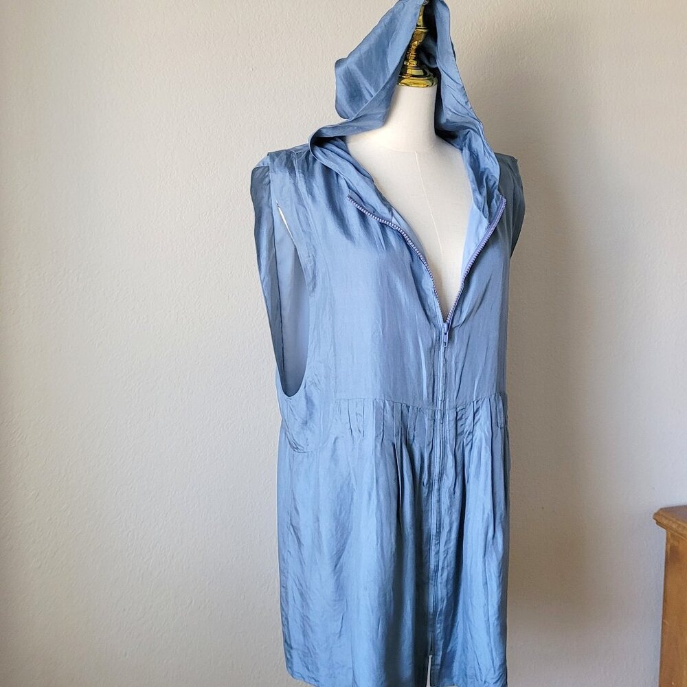 Vintage Blue Silk Hooded Zip Dress, Sleeveless Loose Fit Cover-Up/Size M